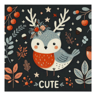 Póster Cute Boho Autumn Robin wreath Wall Decal