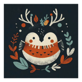 Póster Cute Boho Autumn Robin wreath Wall Decal