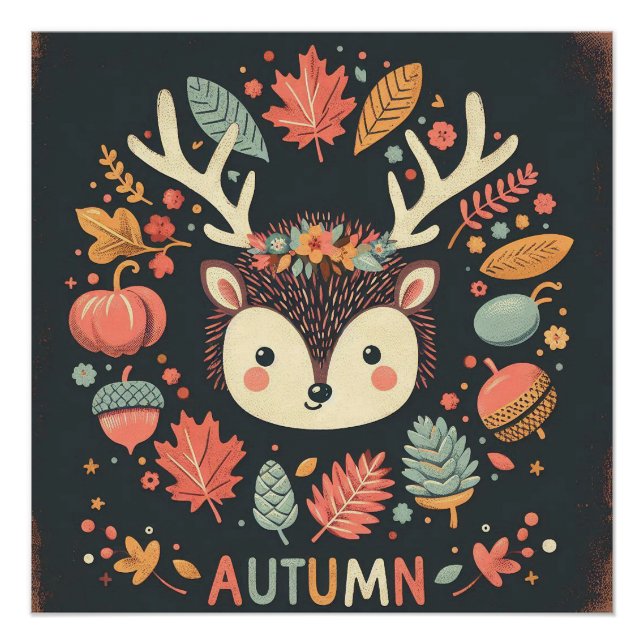 Póster Cute Boho Otumn Hedgehog wreath Wall Decal (Anverso)