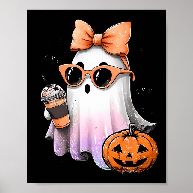 Póster Cute Bougie Ghost Café Calabaza Spooky Hal de temp (Frente)