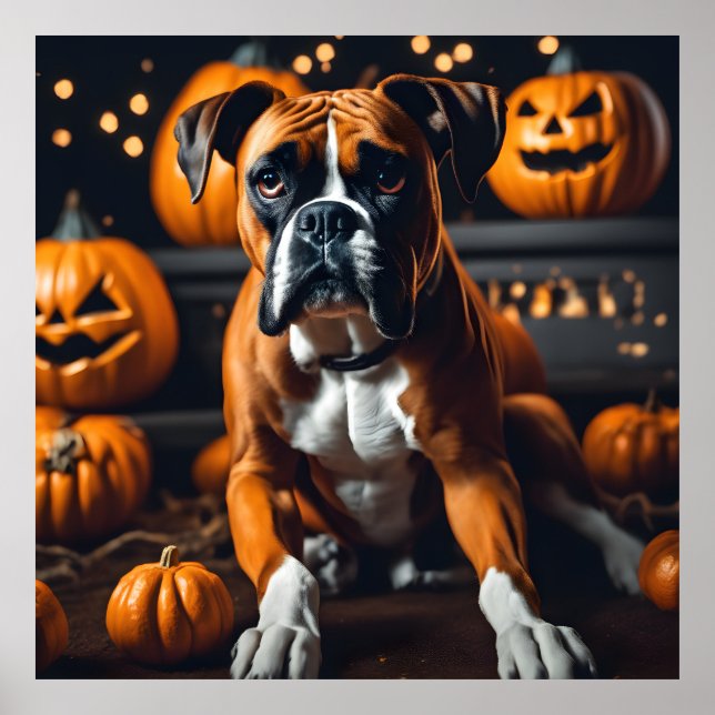 Póster Cute Boxer de Halloween perro con calabazas en la  (Frente)