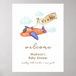 Póster Cute Boy Aviator Airplane Baby Shower Welcome