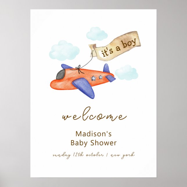 Póster Cute Boy Aviator Airplane Baby Shower Welcome (Frente)