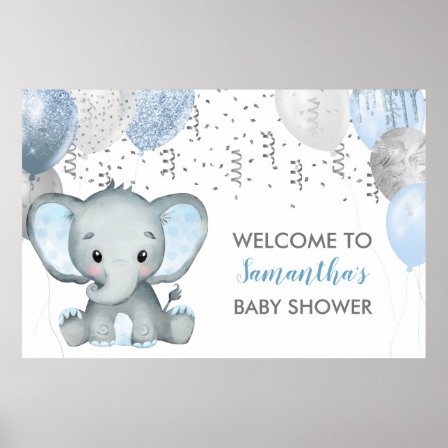 Póster Cute Boy Elephant Balloons Baby Shower (Frente)
