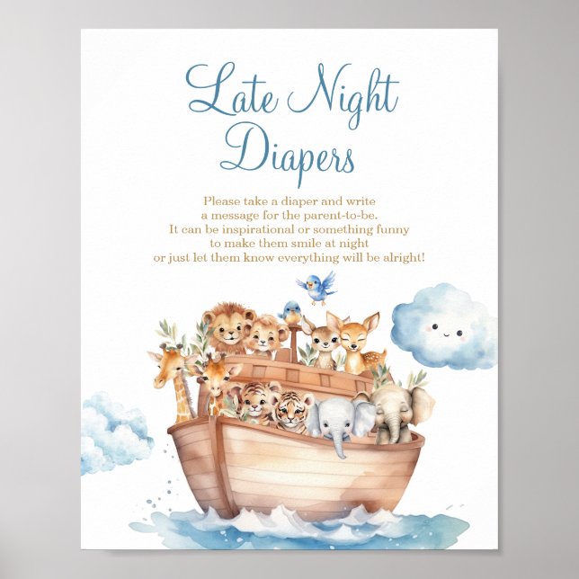 Póster Cute Boy Noah's Ark Baby Shower Late Night Diapers (Frente)
