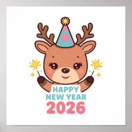 Póster cute bright reindeer new year poster 2026