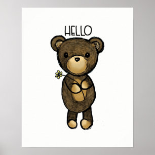 Póster Cute Brown Bear Holding a Yellow Flower