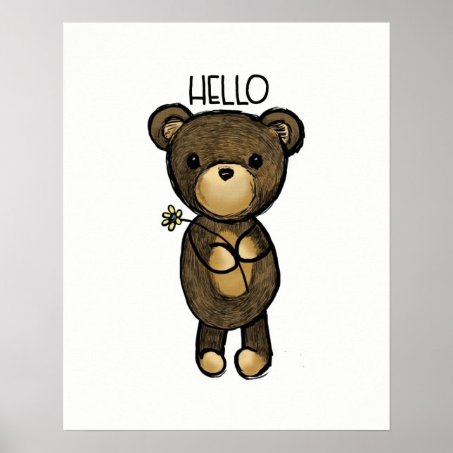 Póster Cute Brown Bear Holding a Yellow Flower (Frente)