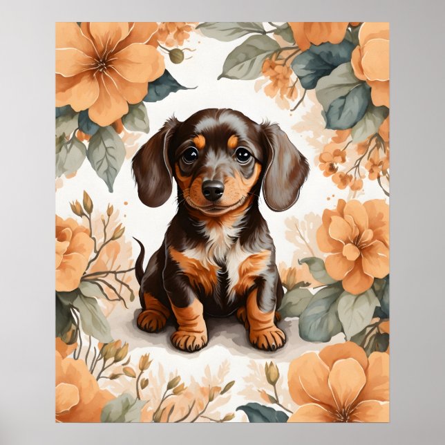 Póster Cute Brown Dachshund Puppy Peach Floral (Frente)