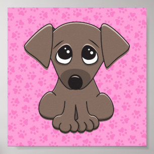 Póster Cute brown puppy dog on pink paw print background