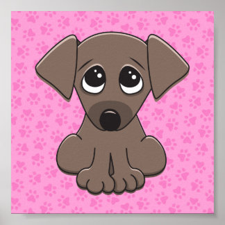 Póster Cute brown puppy dog on pink paw print background