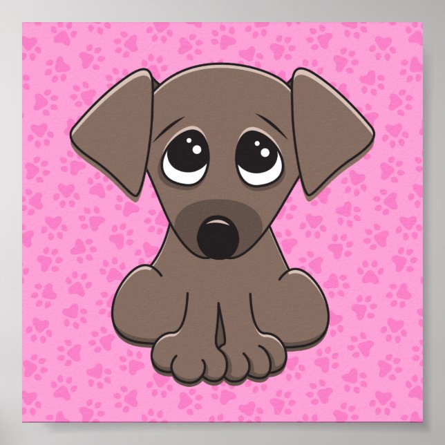 Póster Cute brown puppy dog on pink paw print background (Frente)
