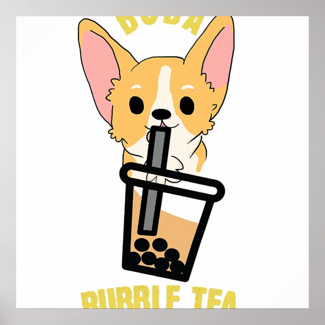 Póster Cute Bubble Tea Boba Milk Tea Anime Corgi I Love (Frente)