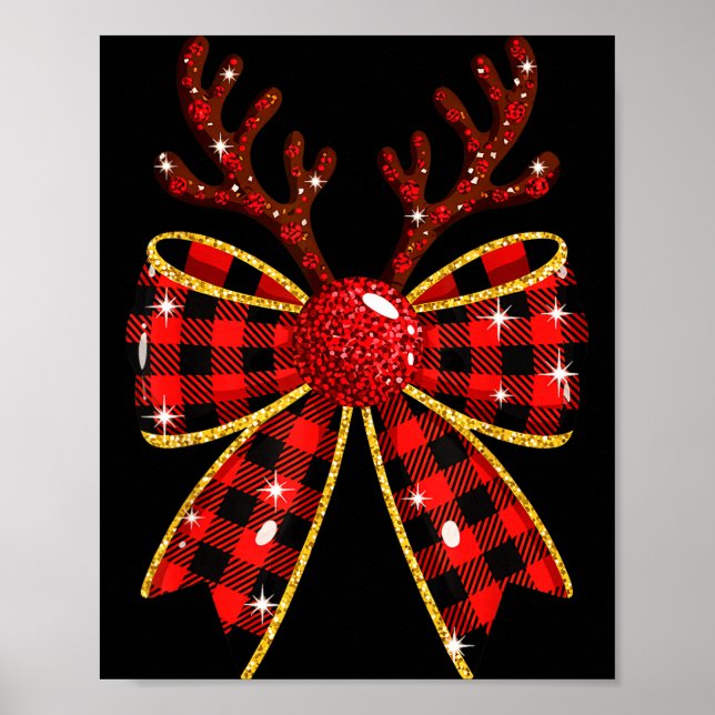 Póster Cute Buffalo Plaid Coquette Bow Reindeer Christmas (Frente)