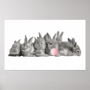 Póster Cute Bunnies Rabbit Bubble Gum Nursery Child