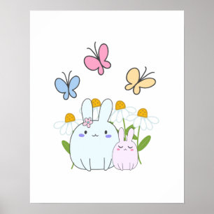 Póster Cute Bunnies with Spring Daisies and Butterflies