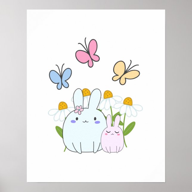 Póster Cute Bunnies with Spring Daisies and Butterflies (Frente)