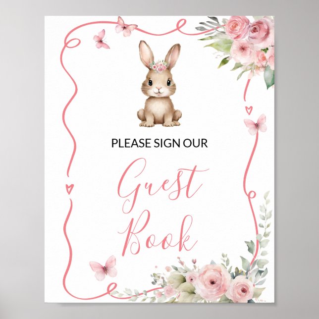 Póster Cute Bunny Baby Shower Girl Guest Book (Frente)