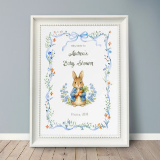 Póster Cute Bunny Boy Floral Blue Bow Baby Shower Welcome