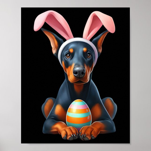 Póster Cute Bunny Doberman Pinscher Dog Easter Hug Eggs E (Frente)