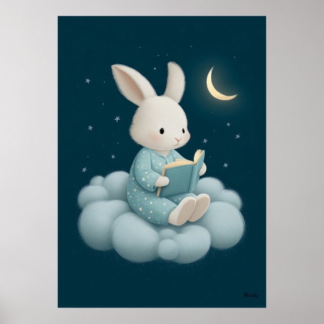 Póster Cute Bunny Reading on Cloud Nursery Bedtime (Frente)