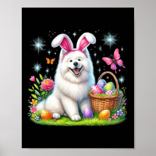Póster Cute Bunny Samoyed Dog Easter Eggets Basket Easter