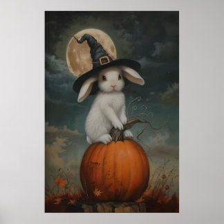 Póster Cute Bunny Witch on Pumpkin Art Imprimible, Hallow