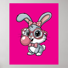 Póster Cute Bunny with Glasses Blowing Bubble Gum