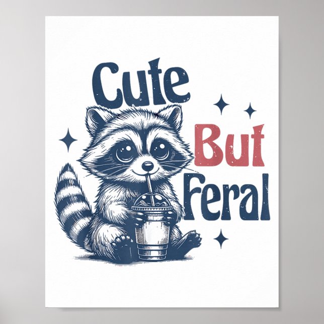 Póster Cute But Feral Raccoon Drinking Boba Toddler Vinta (Frente)