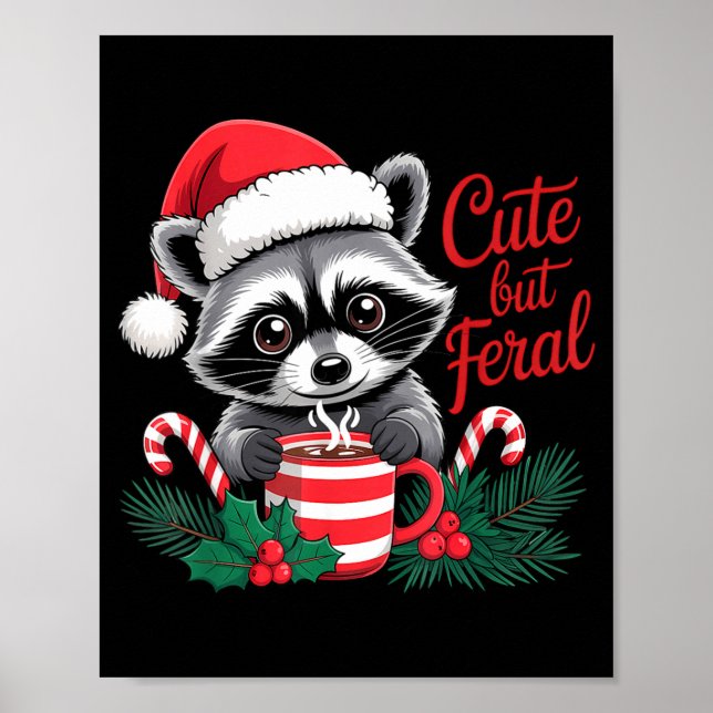 Póster Cute But Feral Raccoon With Santa Hat Xmas Cute Ch (Frente)