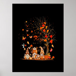 Póster Cute Calabaza Gnomes Árbol Otoño Hojas Caídas