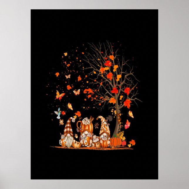 Póster Cute Calabaza Gnomes Árbol Otoño Hojas Caídas (Frente)