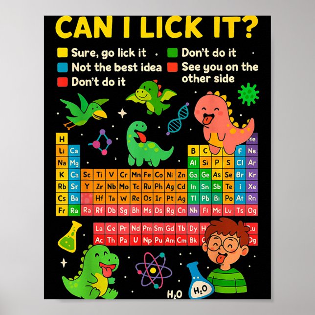 Póster Cute Can I Lick It Dino Periodic Table Science Hum (Frente)