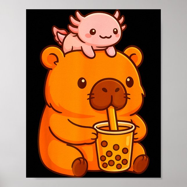 Póster Cute Capybara Bebiendo Bubble Tea Y Axolotl Kawa (Frente)