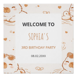 Póster Cute Capybara Kids Birthday Party Welcome