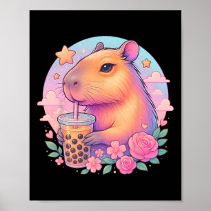 Póster Cute Capyra Kawaii Anime Bo Bubble Tea Lover Chica