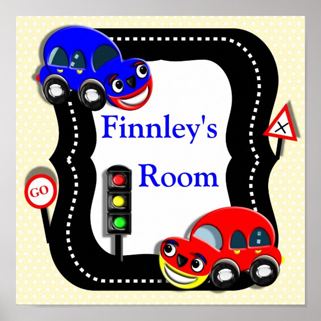 Póster Cute Cars Niños Habitación Nombre Personalizado Im (Frente)