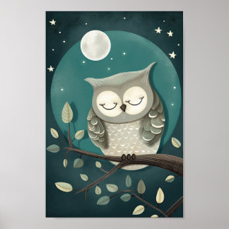 Póster Cute cartel de un búho durmiendo bajo la Luna y S