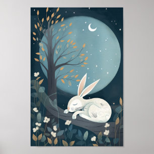 Póster Cute cartel de un conejo durmiendo bajo la Luna