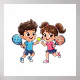 Póster Cute Cartoon Boy and Girl Playing Padel Tennis – F