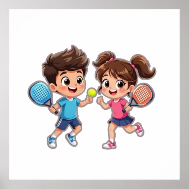 Póster Cute Cartoon Boy and Girl Playing Padel Tennis – F (Frente)