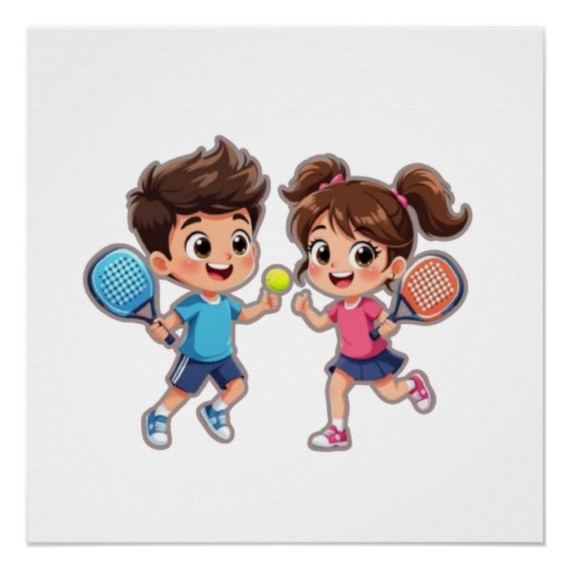 Póster Cute Cartoon Boy and Girl Playing Padel Tennis – F (Anverso)