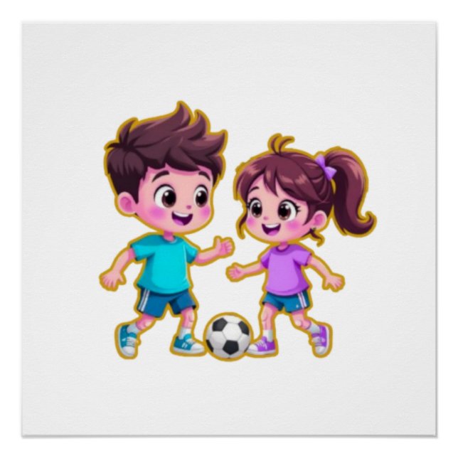 Póster Cute Cartoon Boy and Girl Playing Soccer Together  (Anverso)