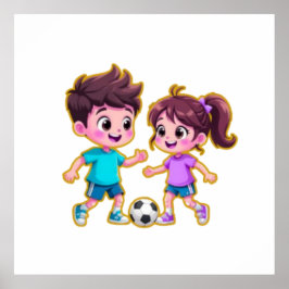 Póster Cute Cartoon Boy and Girl Playing Soccer Together 