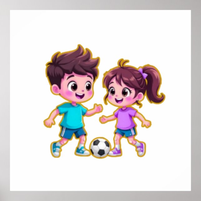 Póster Cute Cartoon Boy and Girl Playing Soccer Together  (Frente)