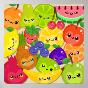 Póster Cute Cartoon Kawaii Happy Summer Fruit Gang