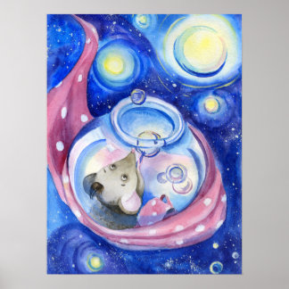 Póster Cute Cartoon Mouse Watercolor