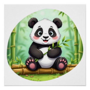 Póster Cute Cartoon Panda en Parche de Bambú