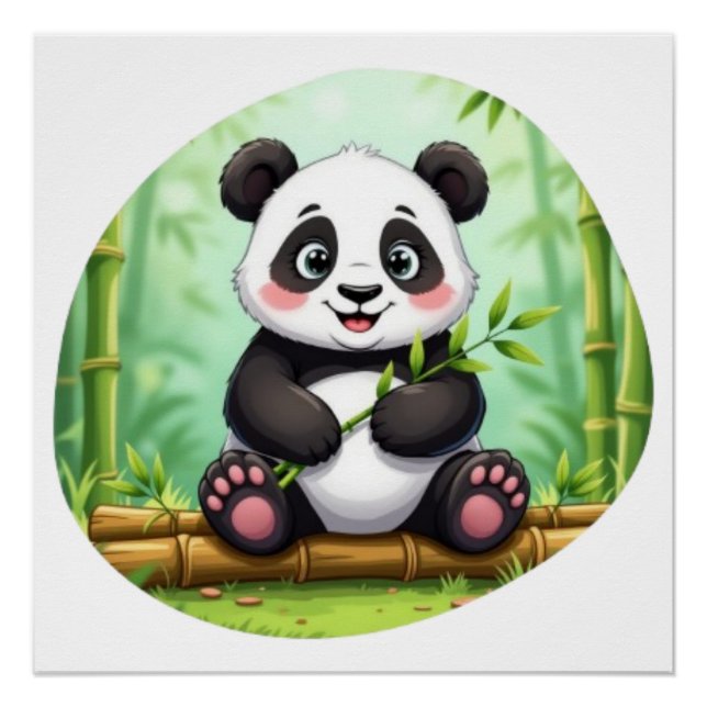 Póster Cute Cartoon Panda en Parche de Bambú (Anverso)