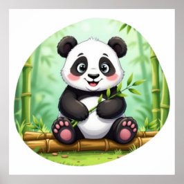 Póster Cute Cartoon Panda on Bamboo Patch